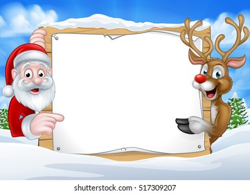 A happy Christmas reindeer and Santa cartoon characters in a winter scene peeking around pointing at a sign