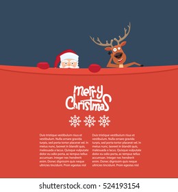 Happy Christmas reindeer and Santa cartoon characters behind a billboard. Great background for your invitation card. Cute Merry Christmas calligraphy and snowflakes