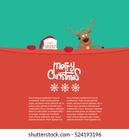 Happy Christmas reindeer and Santa cartoon characters behind a billboard. Great background for your invitation card. Cute Merry Christmas calligraphy and snowflakes