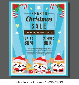 happy christmas sale with cute cat characters vector illustration