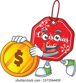 happy christmas sale tag cartoon character with gold coin