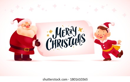 Happy Christmas Santa Claus and boy elf in red costume characters behind white banner / signboard with holiday congratulation isolated on white background. Vector flat illustration.