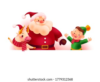 Happy Christmas Santa Claus, bull and little boy characters behind white banner / signboard with space for holiday congratulation isolated on white background. Vector flat illustration.