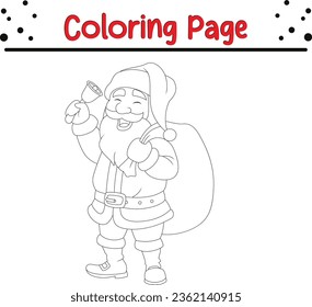 Happy Christmas Santa Claus coloring page. Merry Christmas Black and white vector illustration for coloring book.