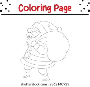 Happy Christmas Santa Claus coloring page. Merry Christmas Black and white vector illustration for coloring book.