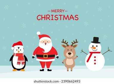 Happy Christmas Santa Claus, Deer, Penguin and Snowman. Vector illustration in cartoon style