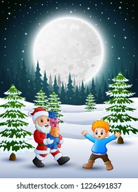 Happy christmas with santa claus holding a box gift and little boy in winter