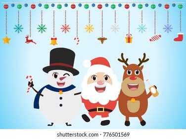 Happy Christmas, Santa Claus, Snowman, Reindeer Greeting New Year cards vector template