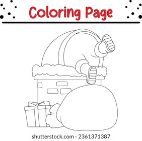 Happy Christmas Santa Claus stuck in the chimney. Black and white illustration for coloring book.