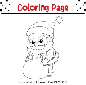 Happy Christmas Santa coloring page for kids. Black and white illustration for coloring book.