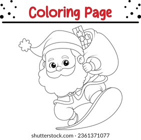 Happy Christmas Santa coloring page for kids. Black and white illustration for coloring book.