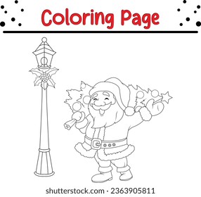 Happy Christmas Santa Coloring Page Outline for children. Christmas coloring book illustration isolated on white background.