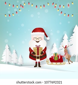 Happy Christmas. Santa with gift boxes, Deer push sleigh and snow paper art style. Christmas holiday season background