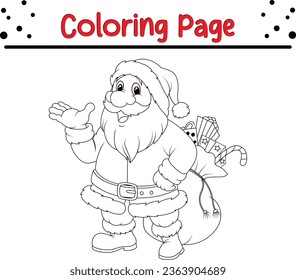 Happy Christmas Santa with sack Coloring Page Outline for children. Christmas coloring book illustration isolated on white background.