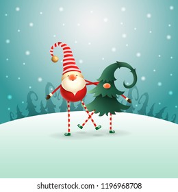 Happy Christmas Scandinavian Gnomes friends playing and dancing - green blue winter night landscape