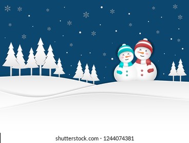 Happy Christmas scene, Snowman on Christmas snowfall background in winter season.
