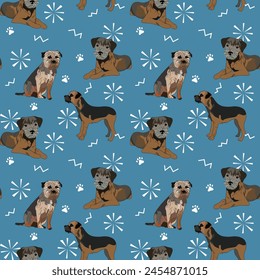 Patrón sin fisuras de Navidades felices con perros border terrier. Regalo de cumpleaños para los aficionados al perro. Azulejo cuadrado, arte de fondo con mascotas. Divertida mascota de perro, una Imagen repetible. Envoltura de regalo, profesional.