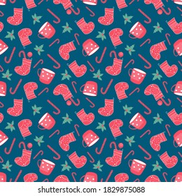 Happy Christmas seamless pattern with candy lollipop and cups tea. For textile print design
