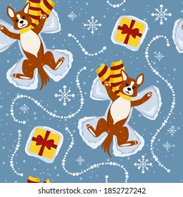 Happy Christmas Seamless Pattern. Corgi Dog Lies On The Snow In A Scarf And Makes A Snow Angel. Patterns Of Snowflakes. Vector Background For Printing On Any Surface.