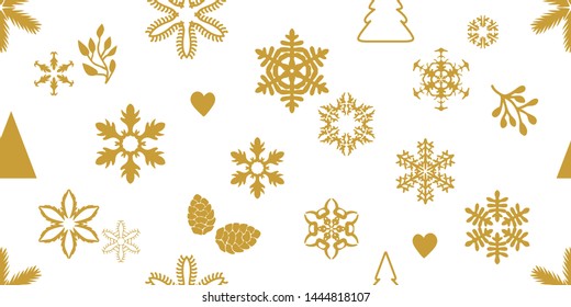 Happy Christmas Seamless Pattern. Golden snowflakes, fir trees, hearts, berries and other festive decorations on white background. Vintage art collection.