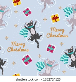 Feliz Navidad sin contratiempos en el fondo de la luz. Gatos negros y grises yacen en la nieve que rodea los regalos y hacen ángeles de nieve.  Fondo vectorial para imprimir en cualquier superficie.