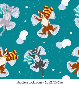 Happy Christmas seamless pattern on turquoise background. Dogs and cats lie on the snow in a scarf and makes a snow angels.  Vector background for printing on any surface.