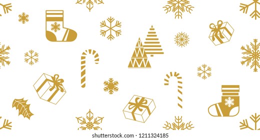 Happy Christmas seamless pattern. White and golden print with fir trees, gifts, sweets, snowflakes and other festive decorations.