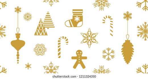 Happy Christmas seamless pattern. White and golden print with fir trees, gifts, sweets, gingerbread, snowflakes and other festive decorations.
