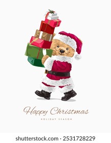 happy christmas slogan with bear doll in santa claus costume holding gift boxes vector illustration