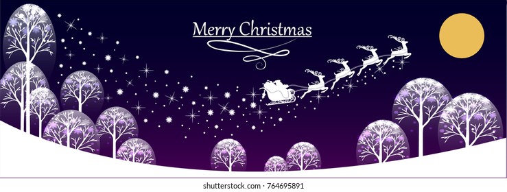 Happy Christmas with snow-covered trees and a moon and a Santa Claus on purple background