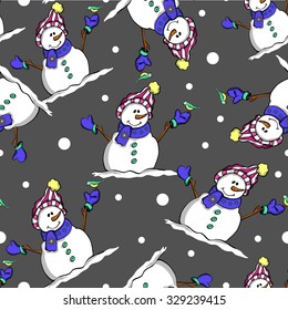 Happy Christmas snowman  and a bird . Winter friends seamless pattern