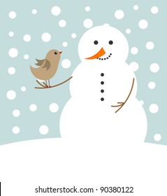 Happy Christmas snowman and bird . Winter friends