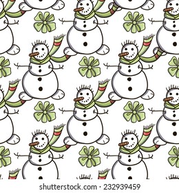Happy christmas snowman and bow vector seamless pattern on white background