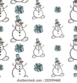 Happy christmas snowman and bow vector seamless pattern on white background