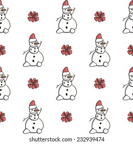 Happy christmas snowman and bow vector seamless pattern on white background