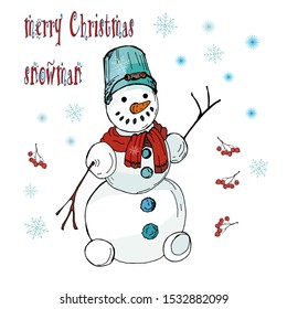 happy Christmas Snowman with bucket on his head, color vector isolated illustration on white backgro und, berries, fir branches