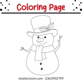 Happy Christmas Snowman Coloring Page Outline for children. Christmas coloring book illustration isolated on white background.