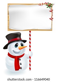 Happy Christmas snowman holding a Christmas sign and smiling