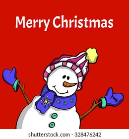Happy Christmas snowman on red background 
