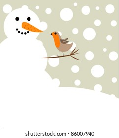 Happy Christmas snowman and robin bird . Winter friends