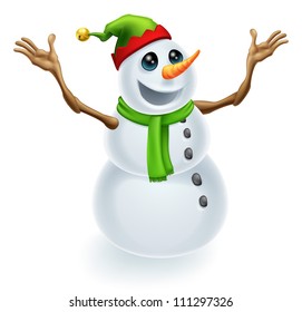 Happy Christmas Snowman wearing a cute green and red pixie or elf hat