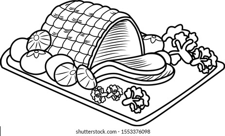Happy Christmas Special Roasted pork menu, Smoked pork or meat ham sliced with decoration on tray, grilled ham on plate, Image of pork food. Vector illustration.