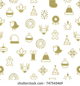 Happy Christmas symbols seamless pattern with cartoons of gingerbread, bird, stars, snowflakes on the white background hand drawn vector illustration