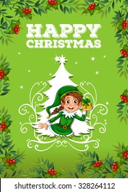 Happy christmas theme with elf and present illustration