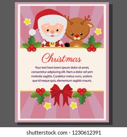 happy christmas theme poster flat style santa reindeer cartoon