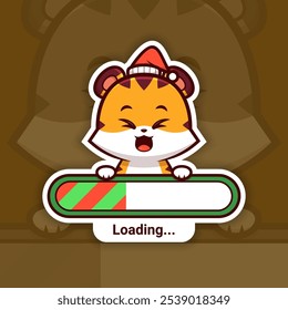 Happy Christmas Tiger Holding a Loading Bar, Cute Vector Sticker Design