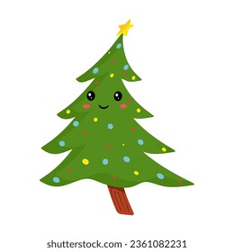 Happy christmas tree character. Beautiful pine tree cartoon character. Xmas fir with star and balls. Flat illustration of smiling christmas tree isolated on white background. Vector