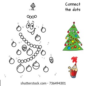 Happy Christmas tree.  Connect the dots. Coloring book with dot to dot educational game for children. Cartoon vector illustration