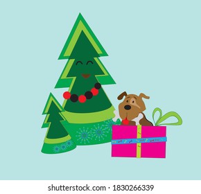 Happy Christmas tree and a cute puppy friend sitting in a colorful gift box. Christmas friends. Winter adorable vector illustration for kids sticker, postcard, winter scene.