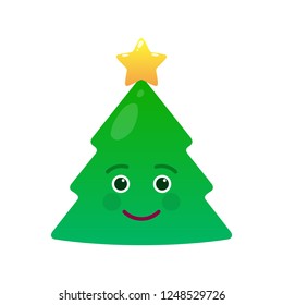 Happy Christmas tree isolated emoticon. Smiling green fir tree with decoration emoji. Merry Christmas and happy new year vector element. Joyful face with facial expression. Winter holidays symbol